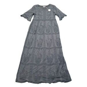 PinkBlush Women's Embroidered Lace Cottage Core Short Sleeve Grey Dress M/L